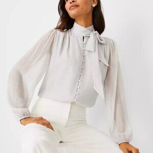 Ann Taylor Metallic Dobby Stripe Bow Blouse XL NWT